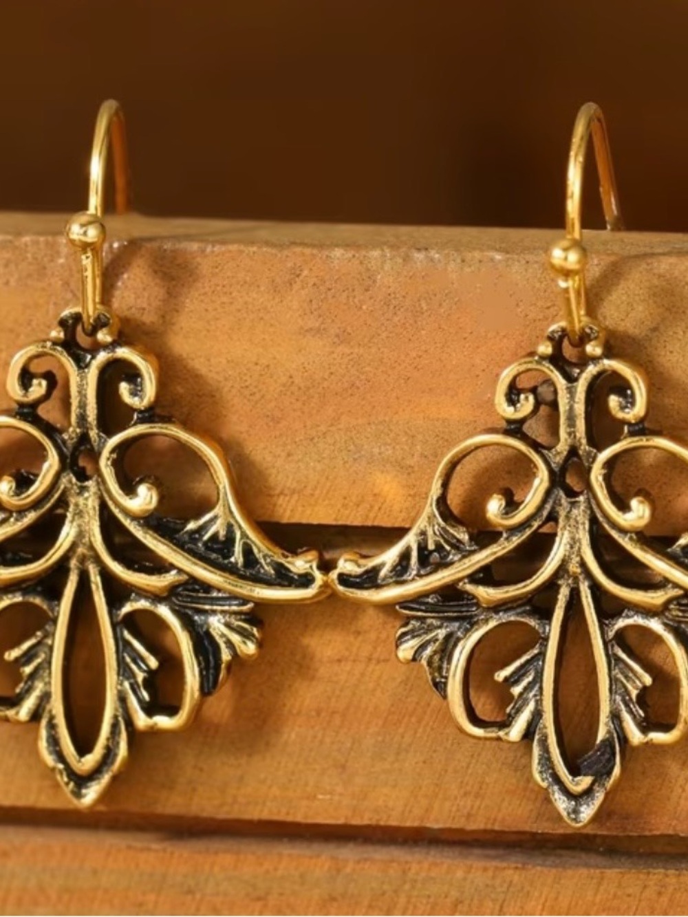 Gold Filigree Drop Earrings with Antiqued Accent - Women Jewelry